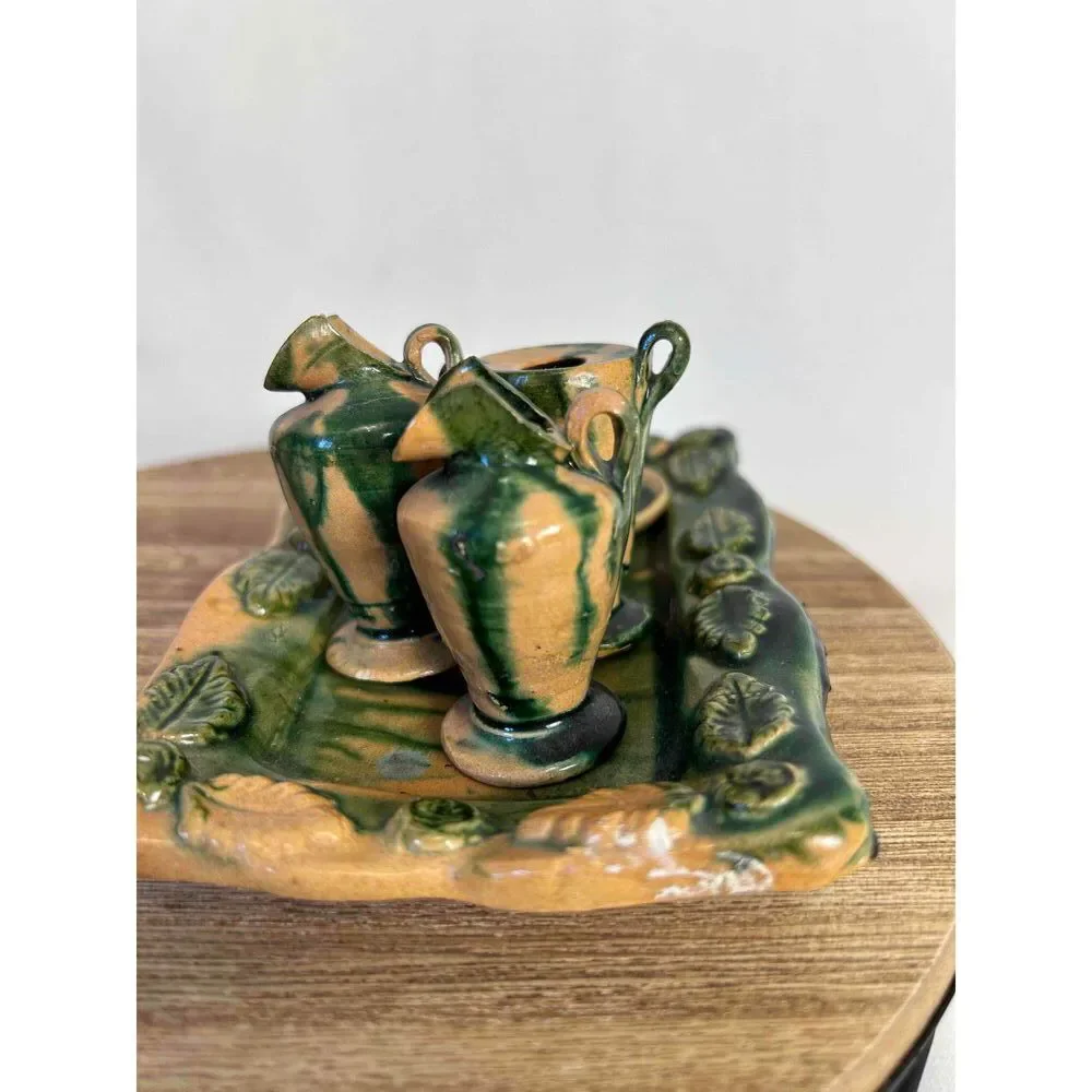 Majolica Pottery Miniature‎ Dollhouse Tea Set 9 Pieces Green Beige Rustic